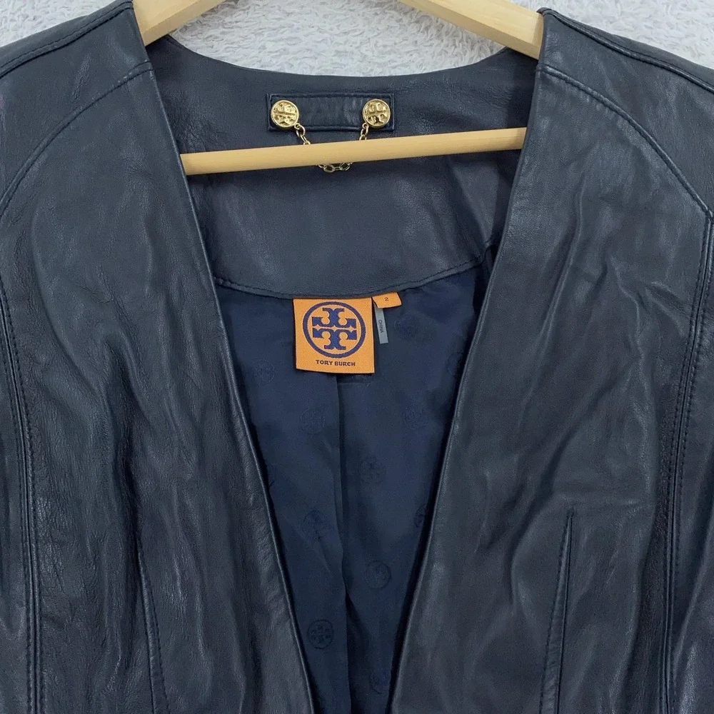 Tory Burch Leather Blazer Jacket Womens 2 CROP FIT Blue Fitted‎ Lined Minimalist
